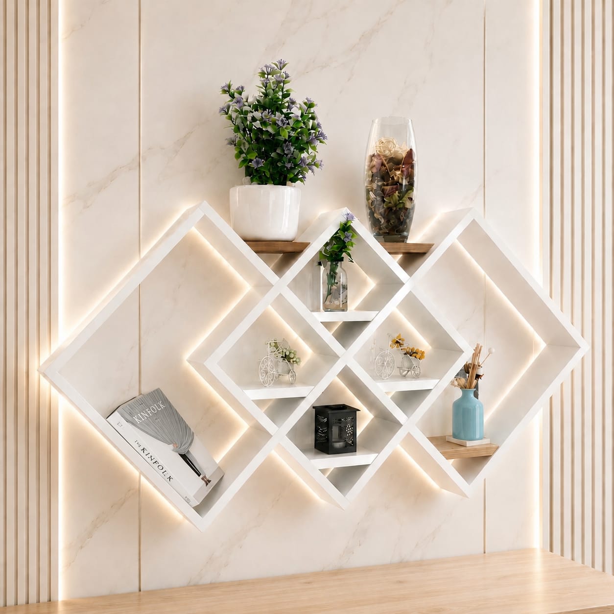 Étagère Murale LED Design Géométrique – Décoration & Rangement 2 en 1