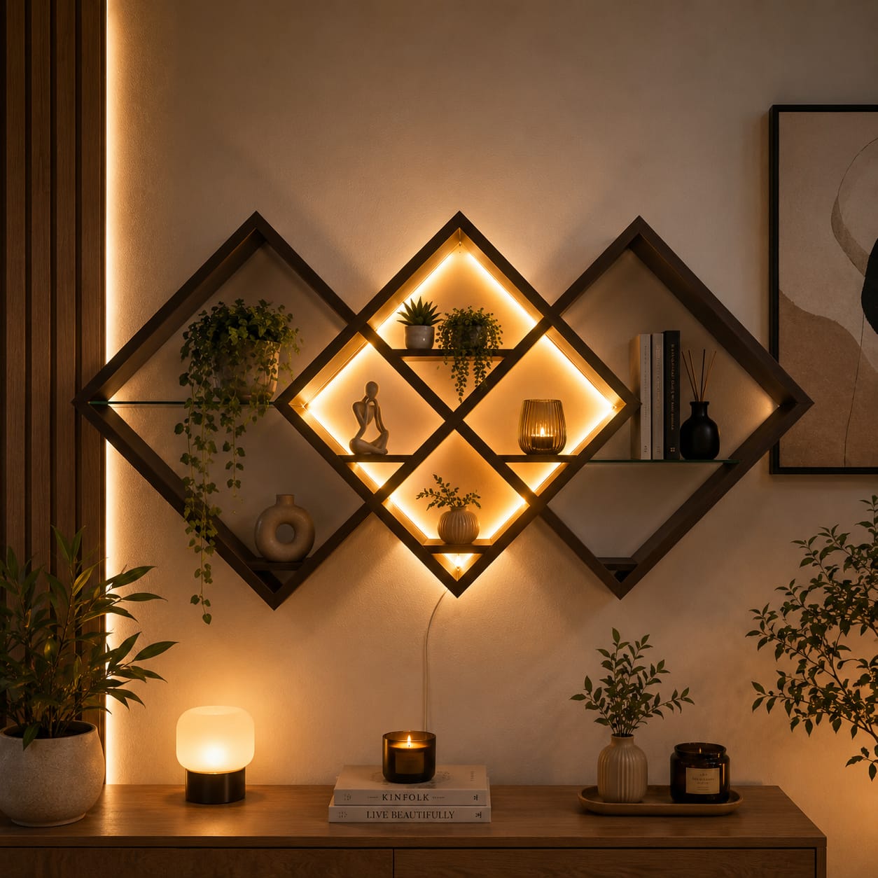 Étagère Murale LED Design Géométrique – Décoration & Rangement 2 en 1