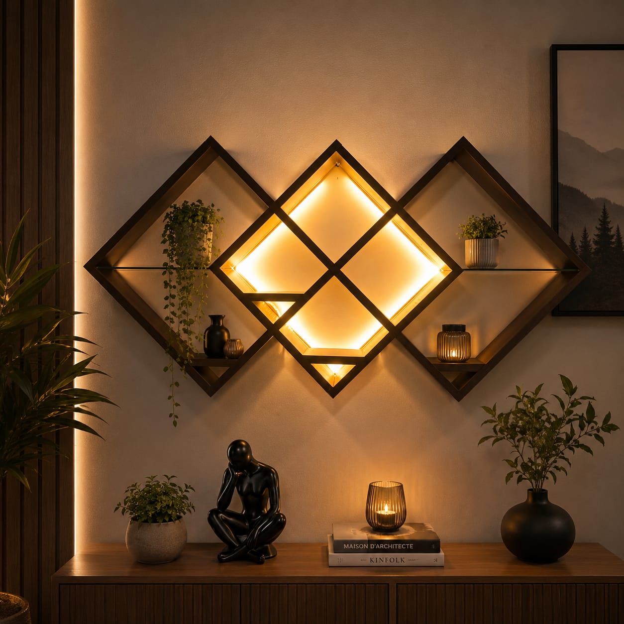 Étagère Murale LED Design Géométrique – Décoration & Rangement 2 en 1
